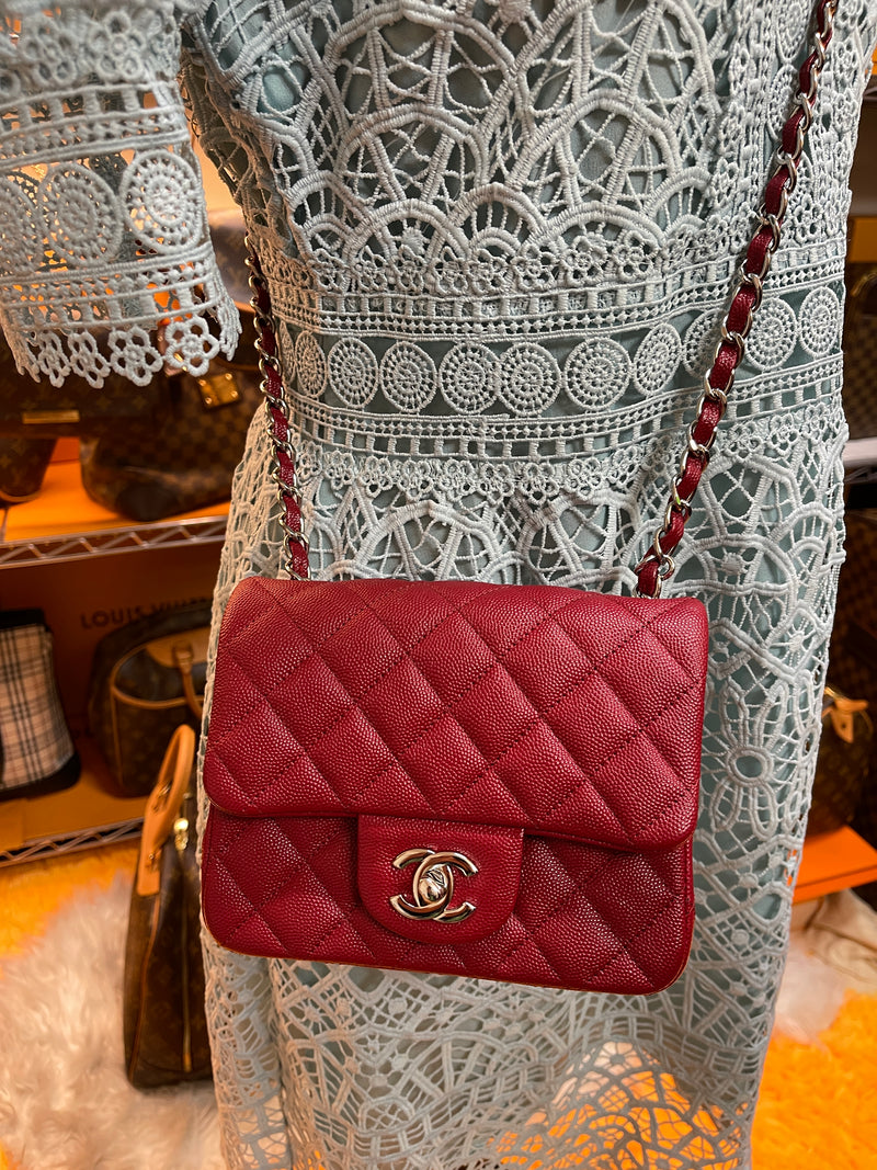 CHANEL 17B Red Caviar Square Mini Classic Flap PearlaaCloset LLC