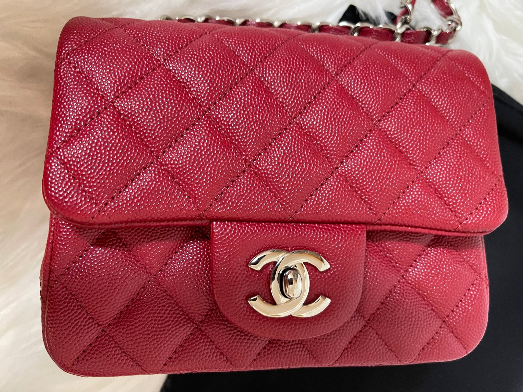 SOLD) CHANEL VINTAGE MINI SQUARE CLASSIC FLAP BAG SCARLET RED 17CM